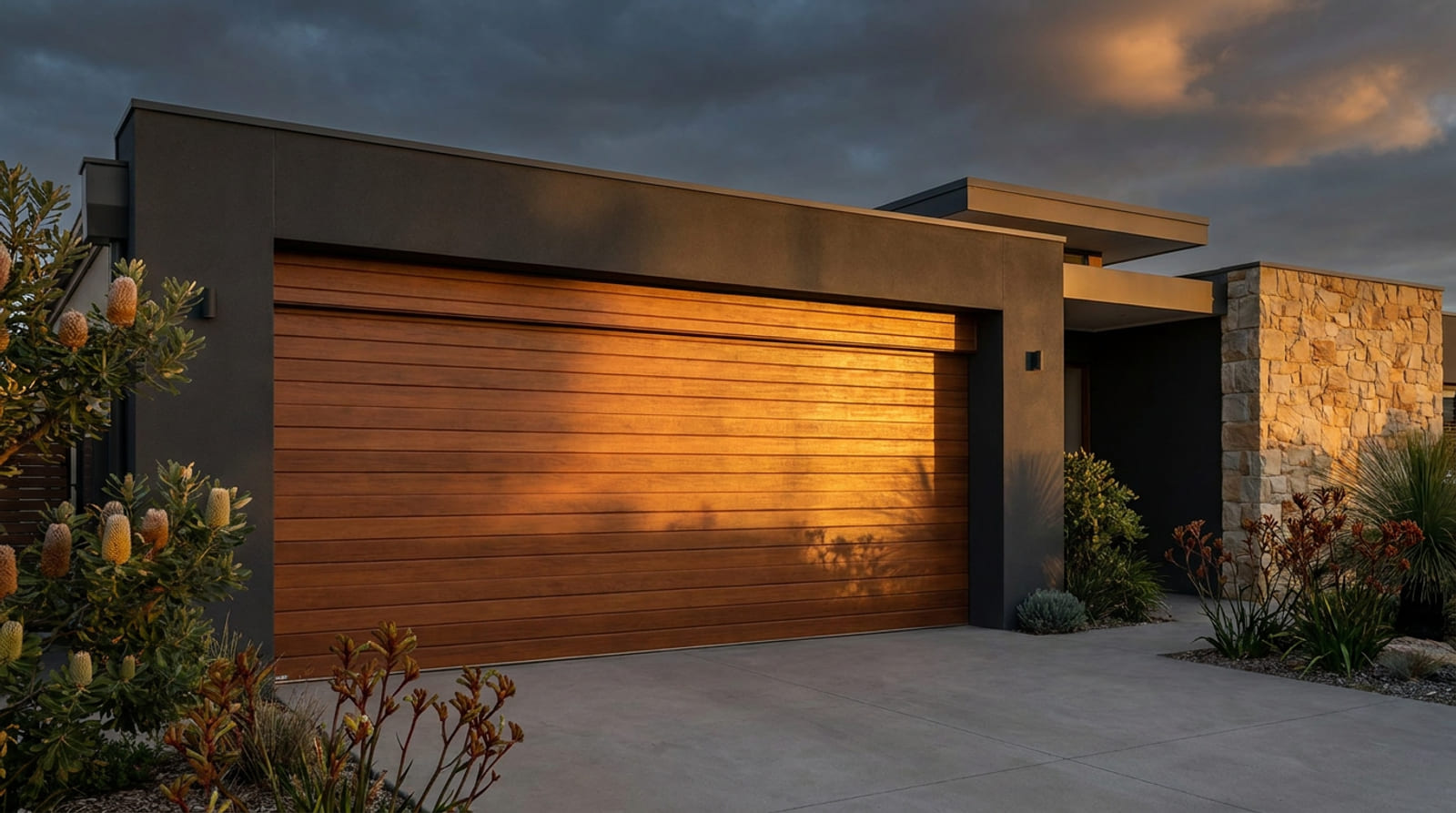 Timber-look sectional garage door on a contemporary home at dusk